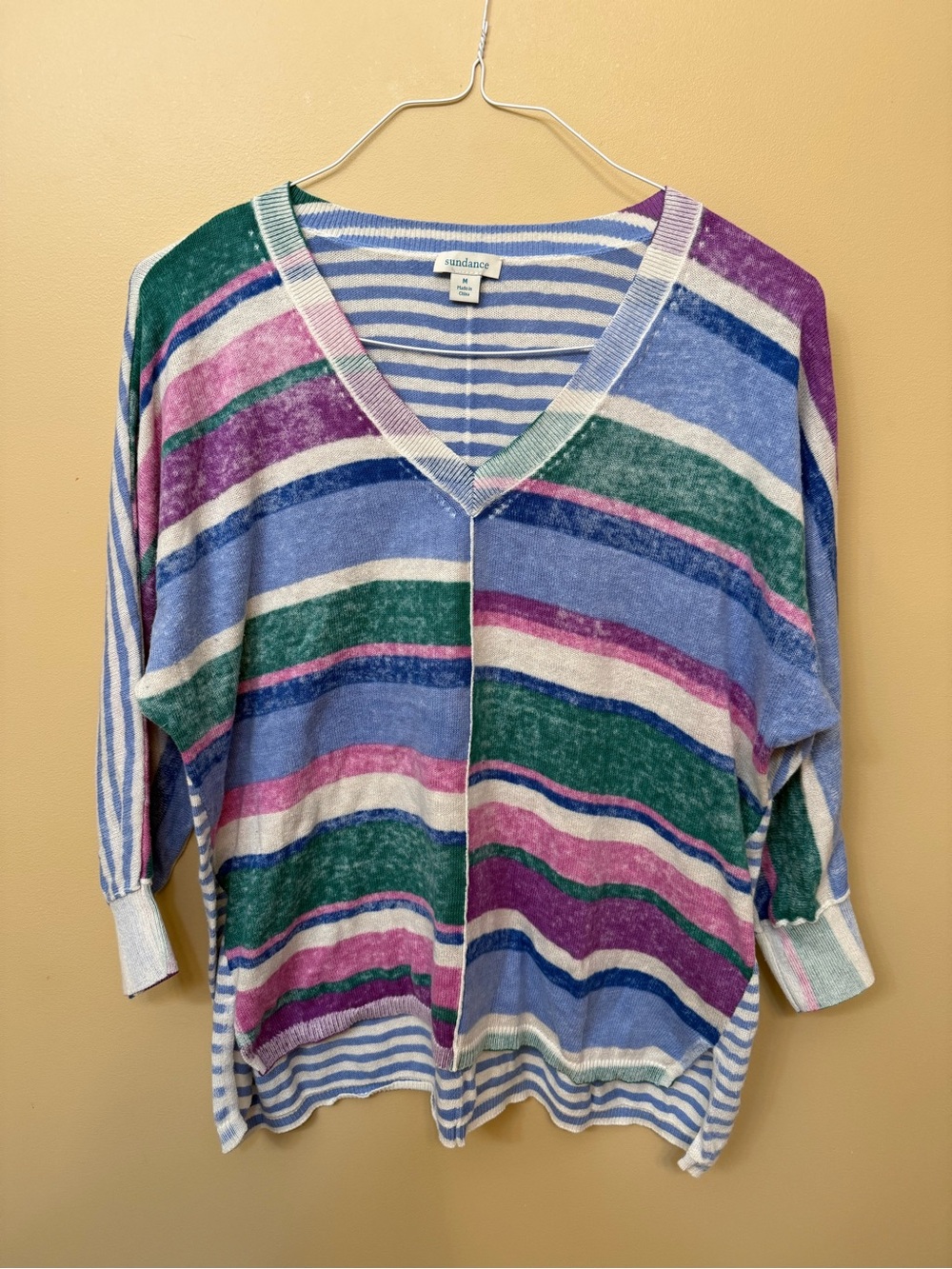 Sundance Striped V-Neck Sweater in Light Blue, White & Pastel Accents